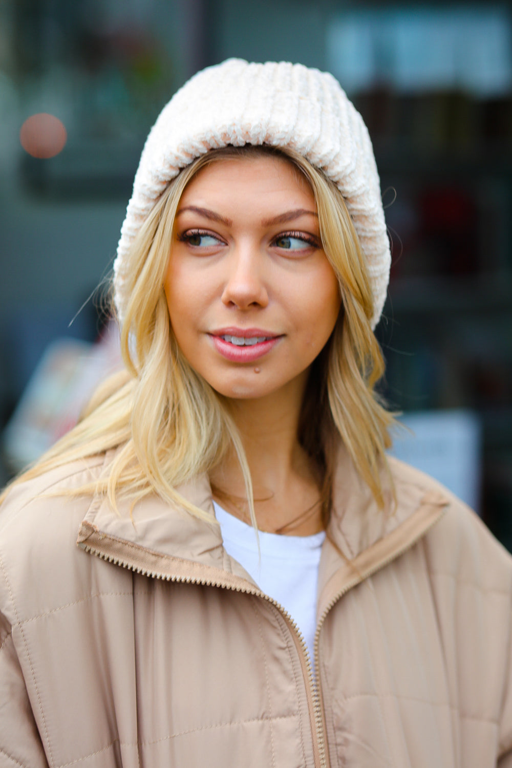 Cream Knit Velvet Chenille Fold Over Beanie