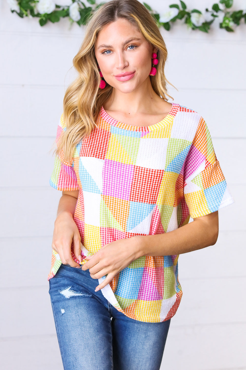 Multicolor Geometric Textured Knit Top