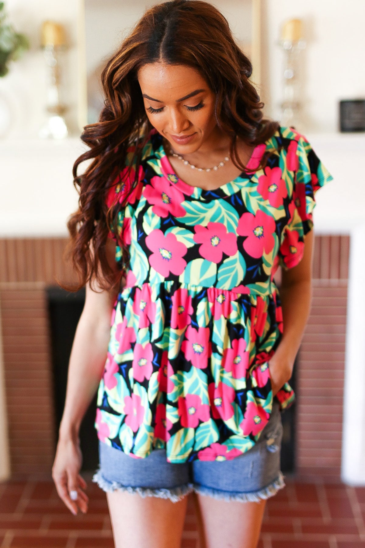 Black & Pink Floral Ruffle Short Sleeve Babydoll Top