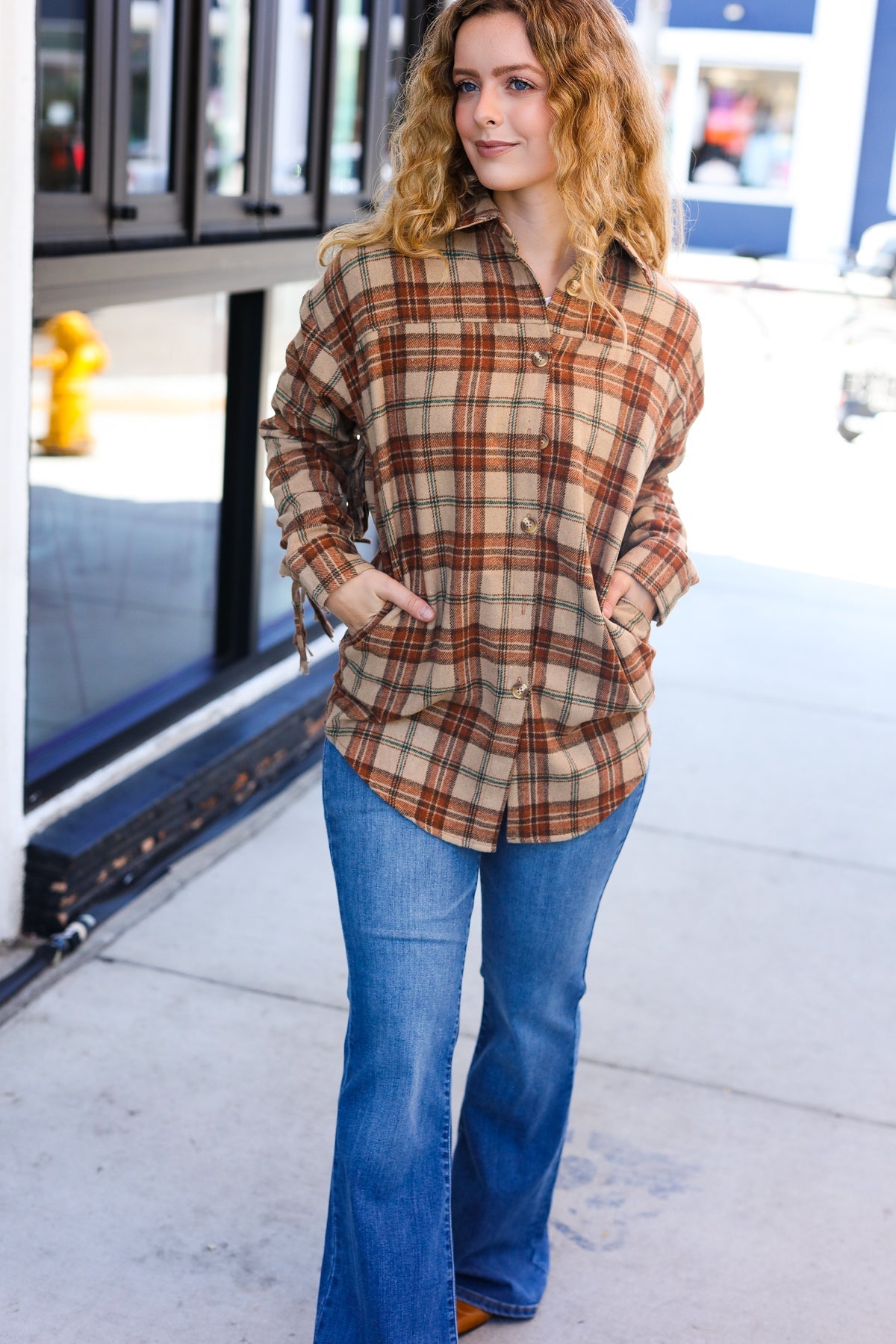 Boldly You Taupe & Rust Flannel Plaid Fringe Jacket