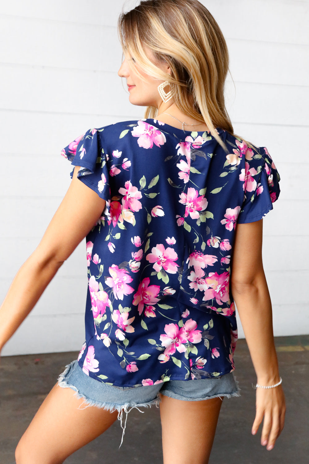 Navy & Pink Floral Print Frilled Short Sleeve Yoke Top