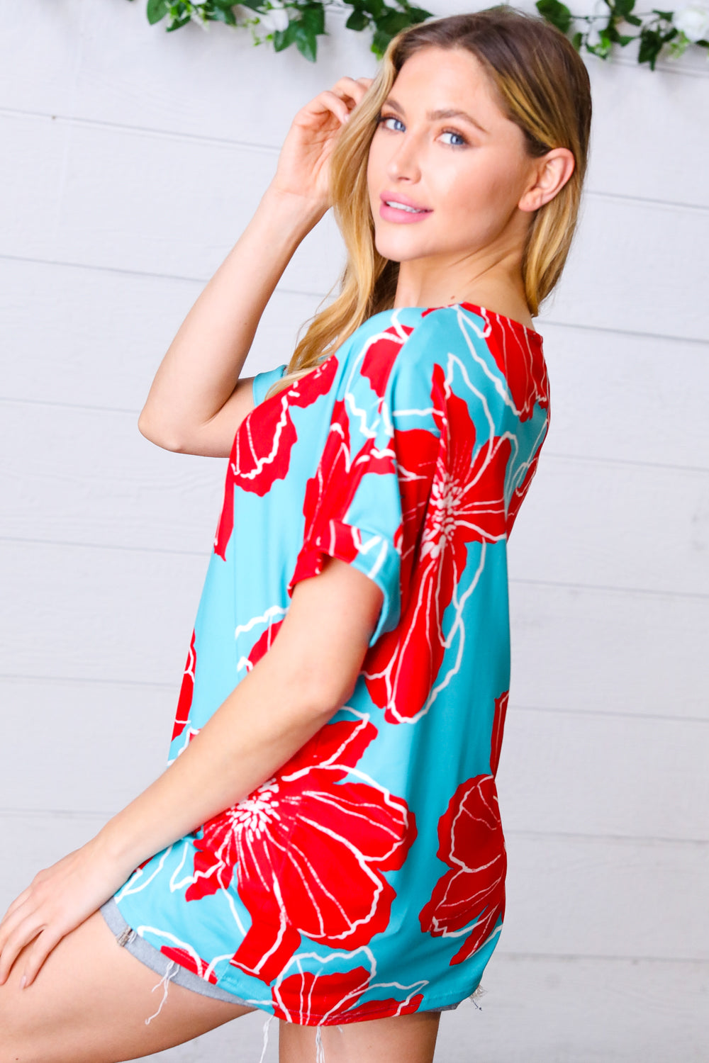 Teal & Cherry Red Floral Print V Neck Top