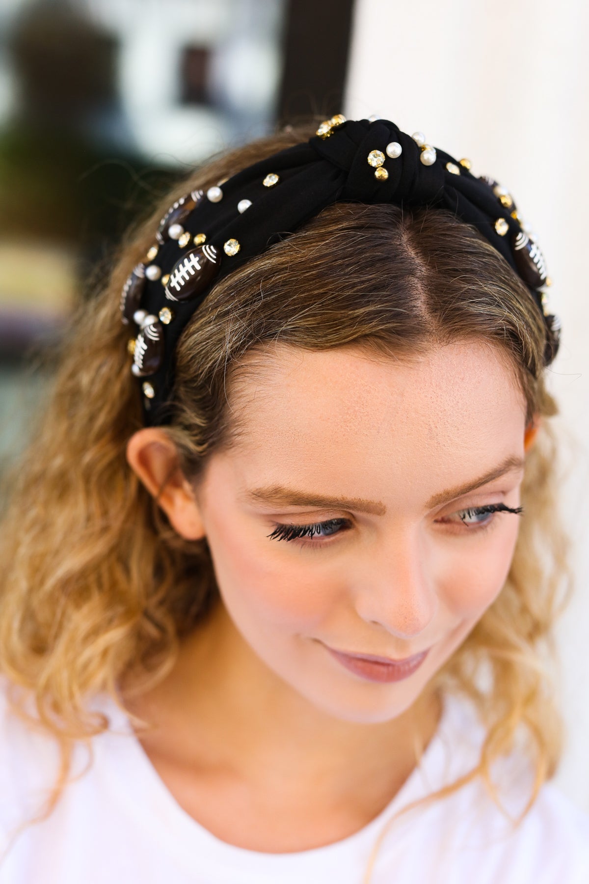 Black Stone & Gem Football Embellished Top Knot Headband