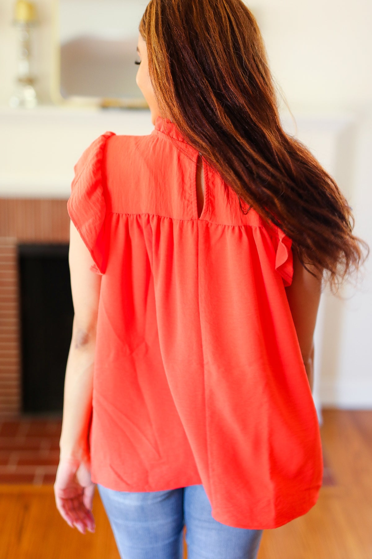 Red-Orange Mock Neck Flutter Sleeve Top