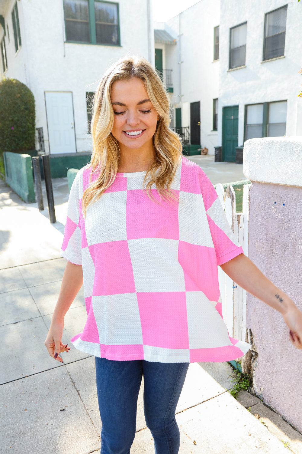 Dazzle In Pink & White Checker Print Waffle Knit Top