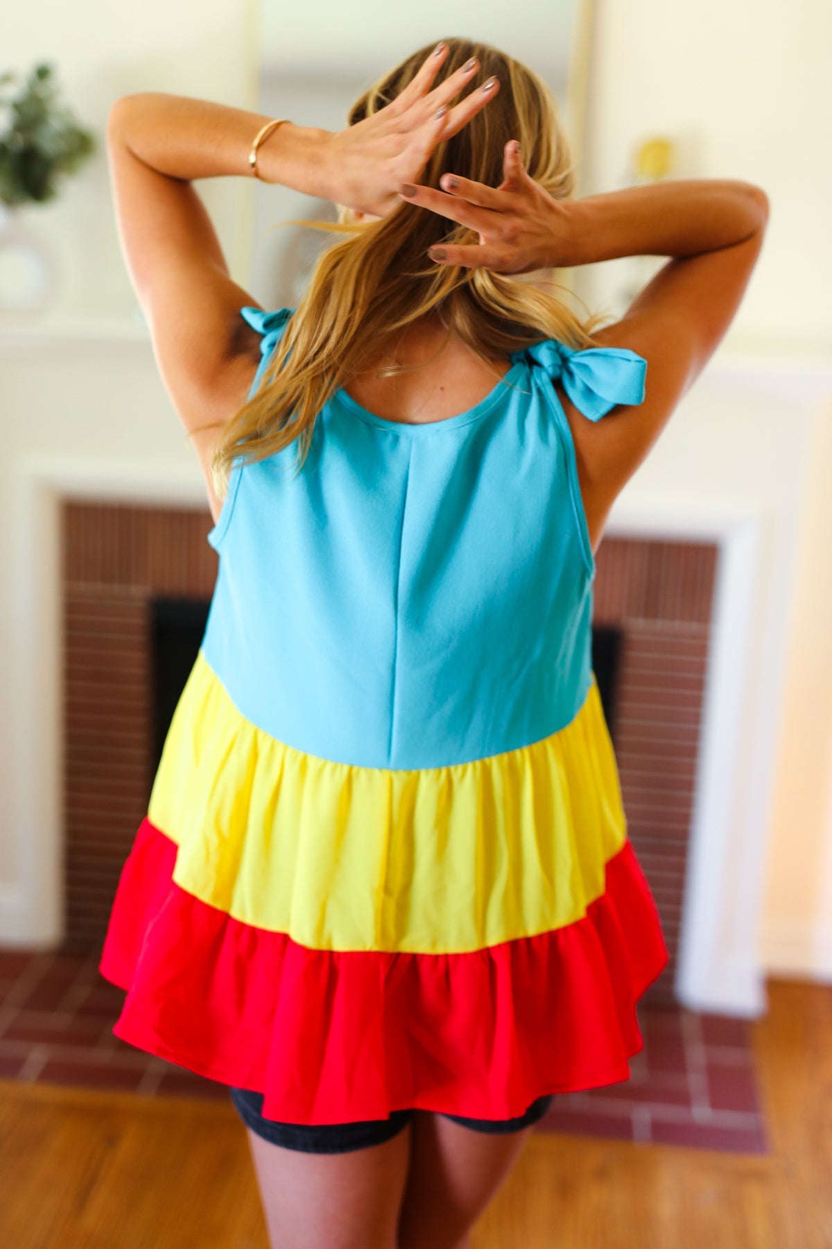 Multicolor Tiered Shoulder Tie Bow Crepe Top