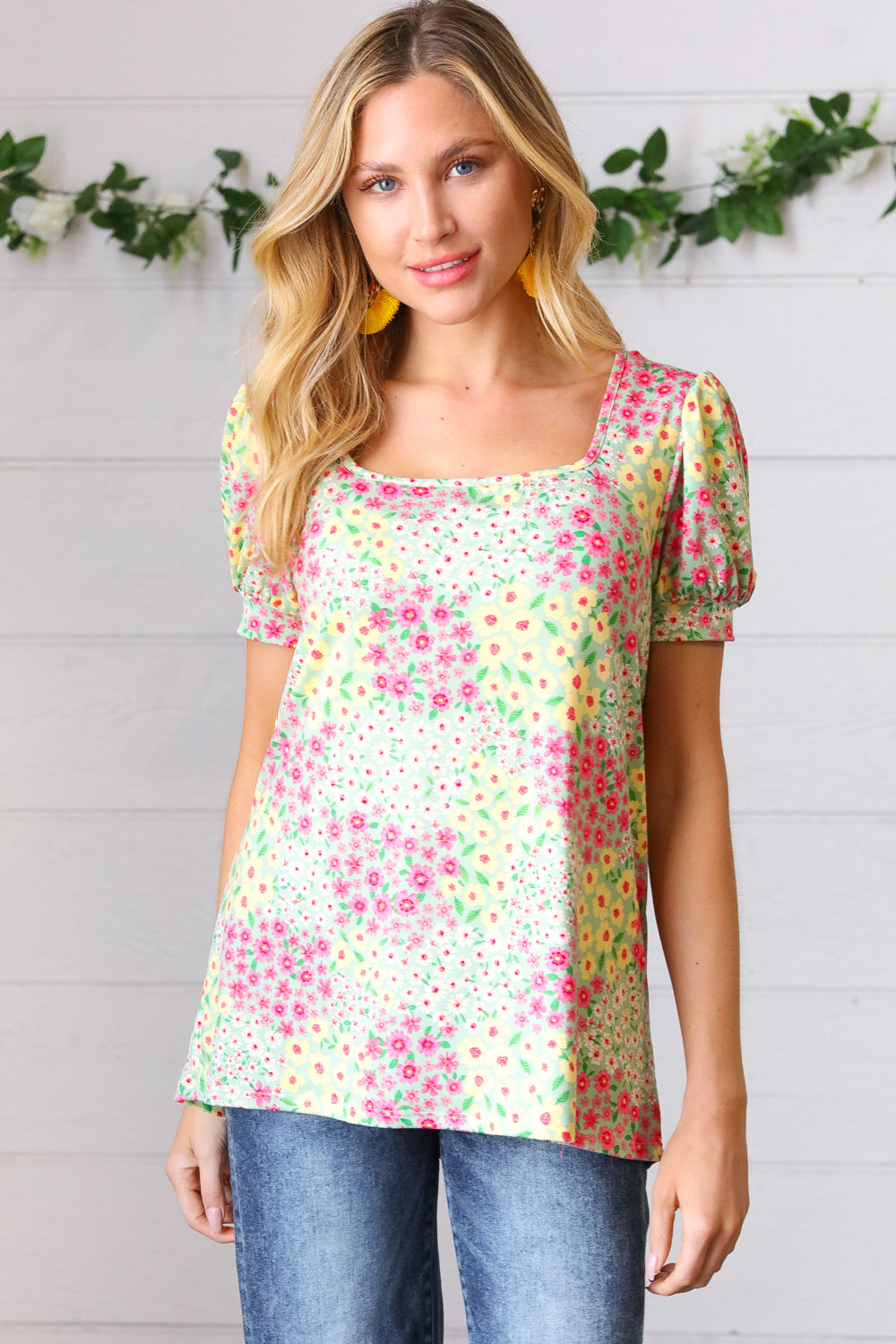 Canary/Mint Floral Square Neck Bubble Sleeve Top