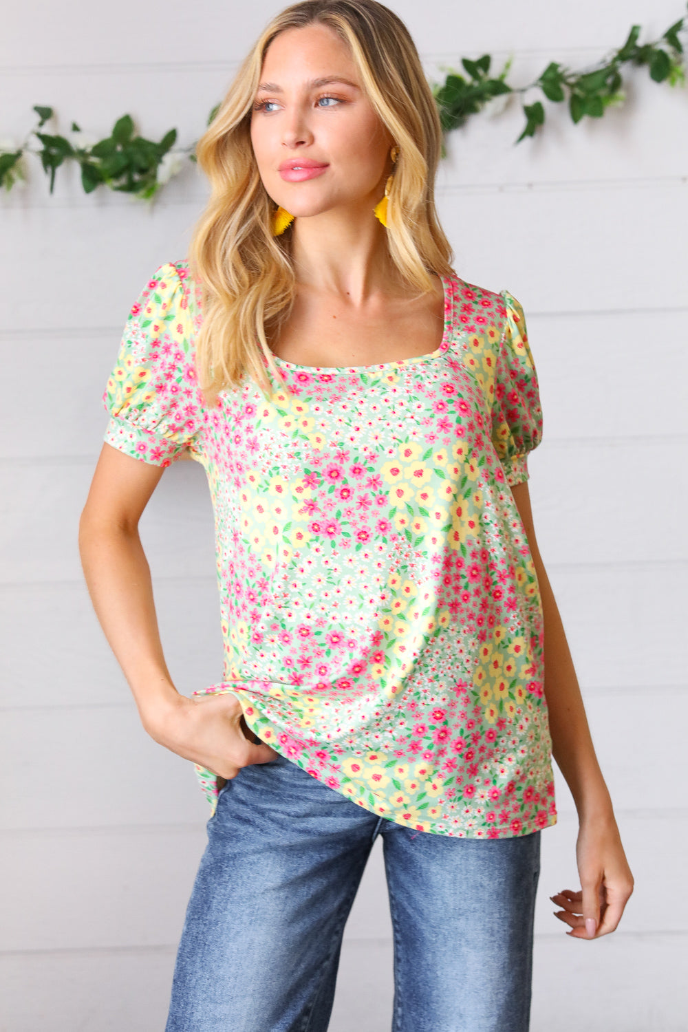 Canary/Mint Floral Square Neck Bubble Sleeve Top