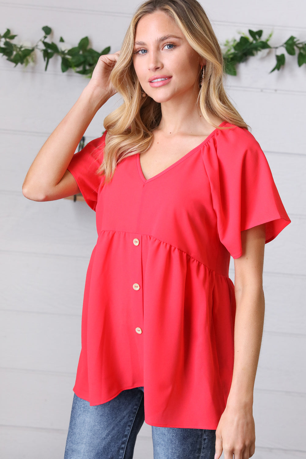 Cherry Red Babydoll Button Down Raglan Woven Top