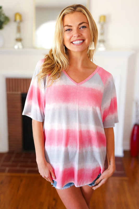 Pink & Grey Tie Dye Stripe Terry V Neck Top