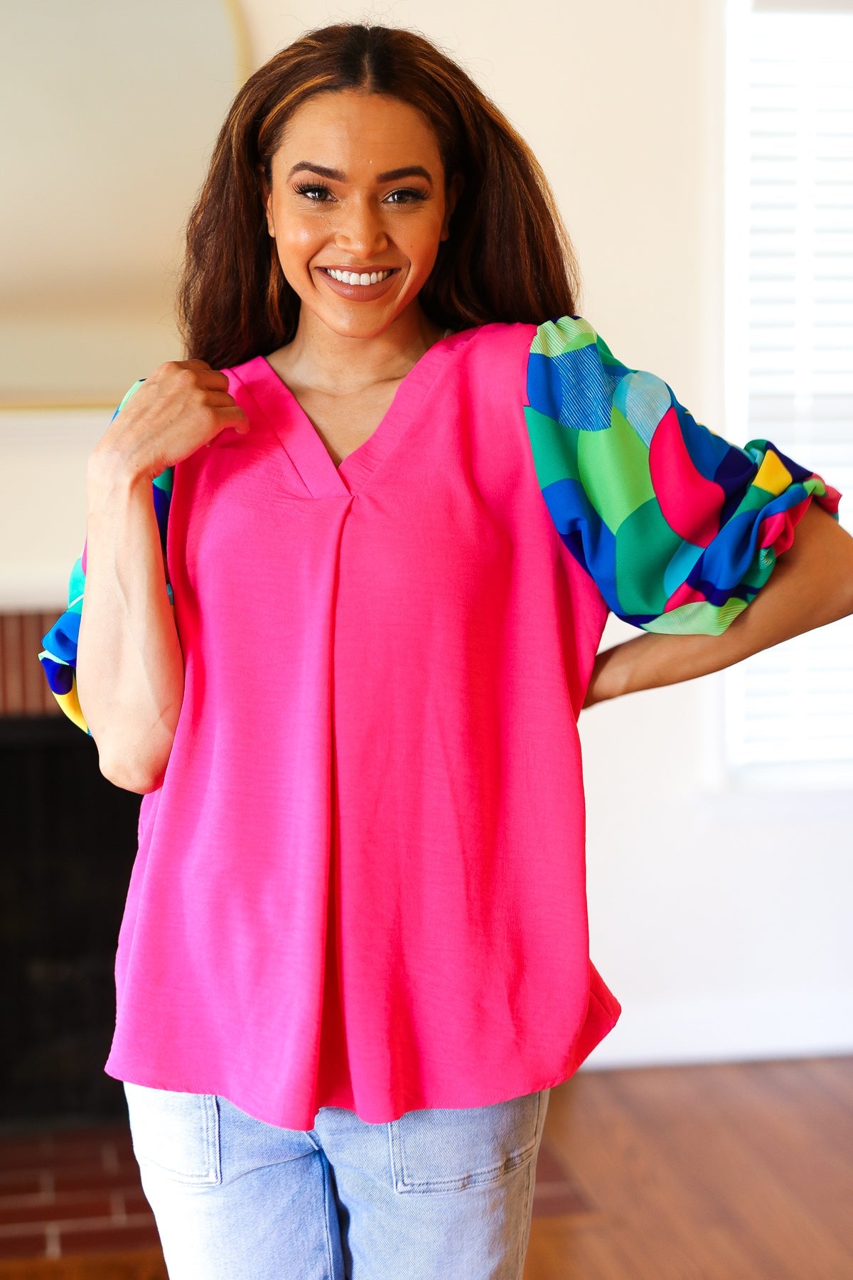 Tell Your Story Fuchsia Geo Print Puff Sleeve V Neck Top