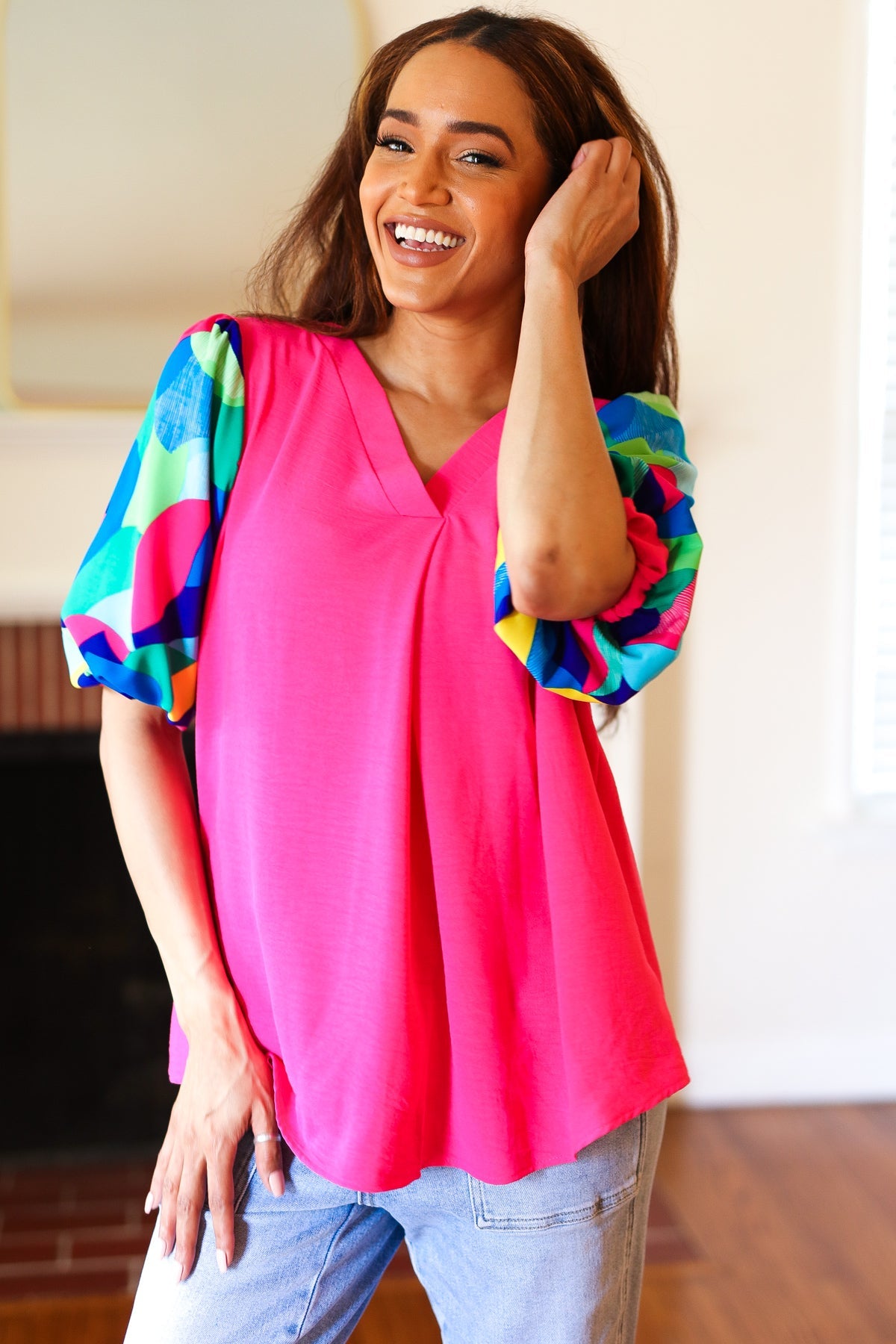 Tell Your Story Fuchsia Geo Print Puff Sleeve V Neck Top