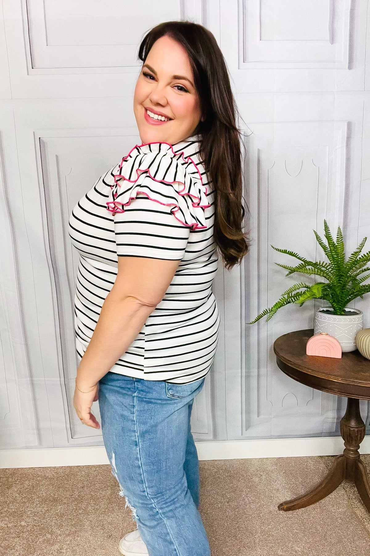 Get To It Ivory & Pink Merrow Stitch Ruffle Sleeve Stripe Top