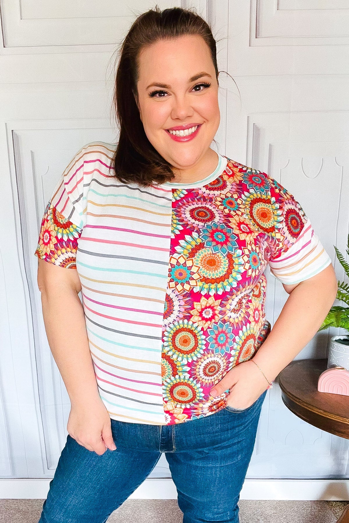 Always Fun Ivory & Fuchsia Stripe and Crochet Print Top