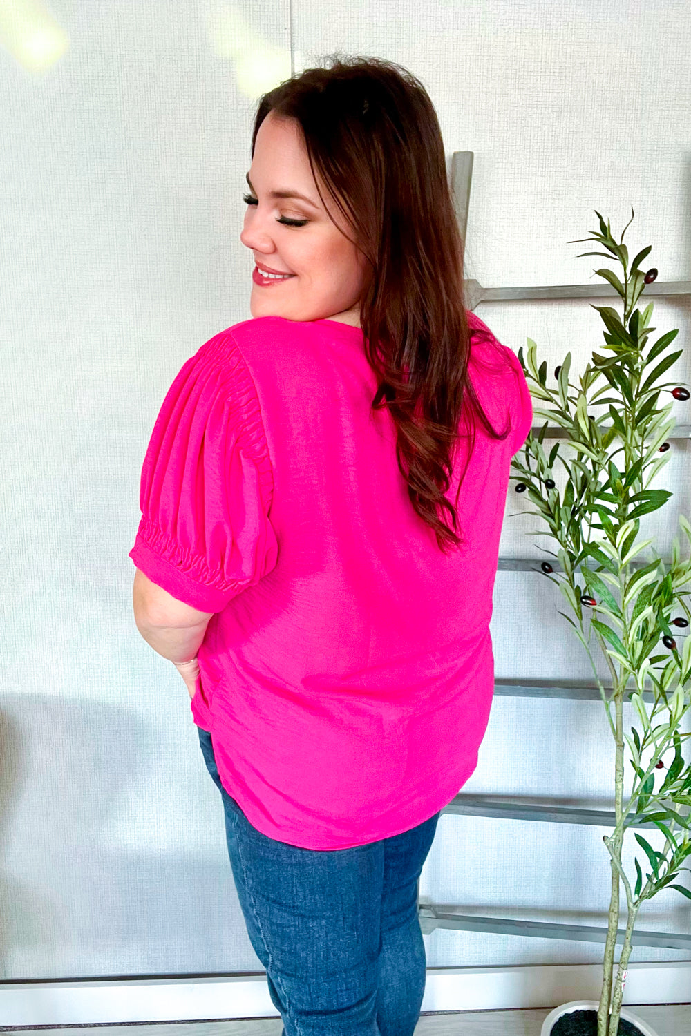 Perfectly You Solid Fuchsia Silk Shirred Cap Short Sleeve Blouse