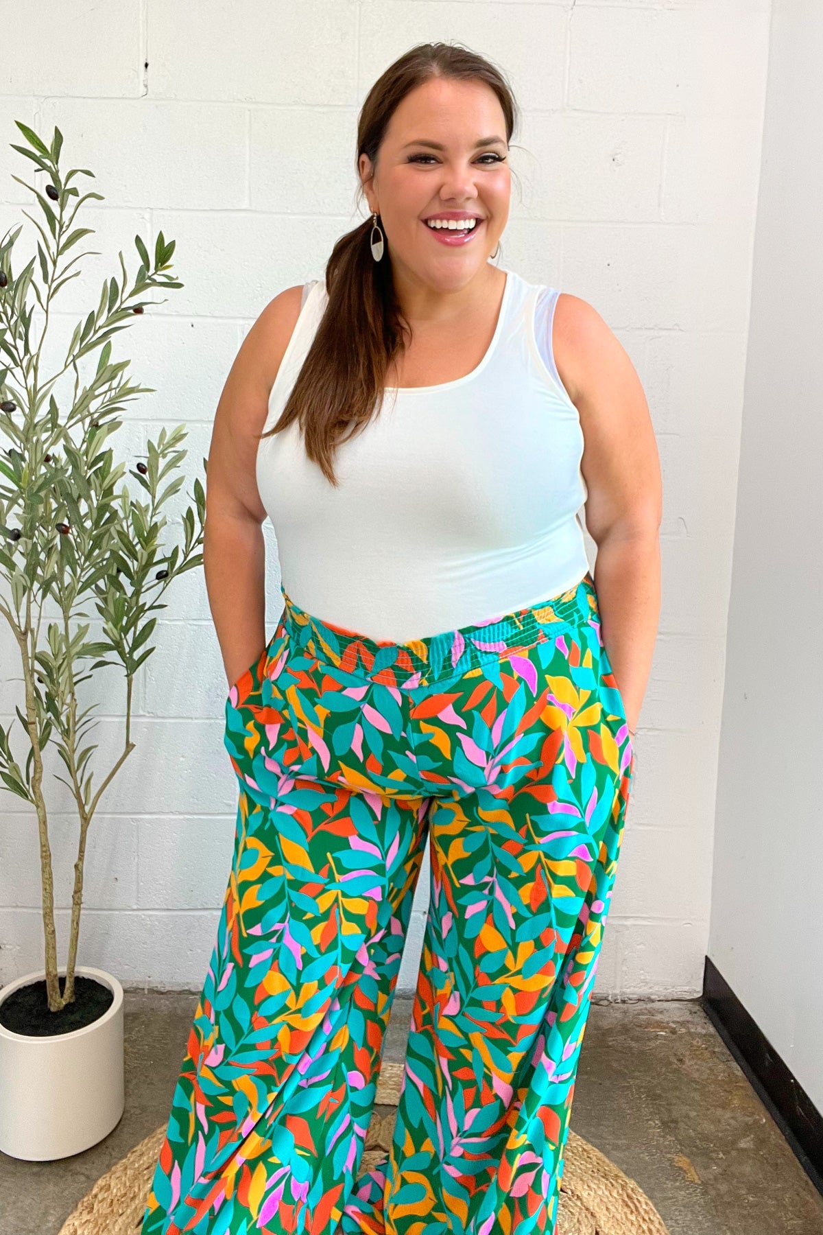 Summer Vibes Green & Orange Abstract Print Smocked Palazzo Pants