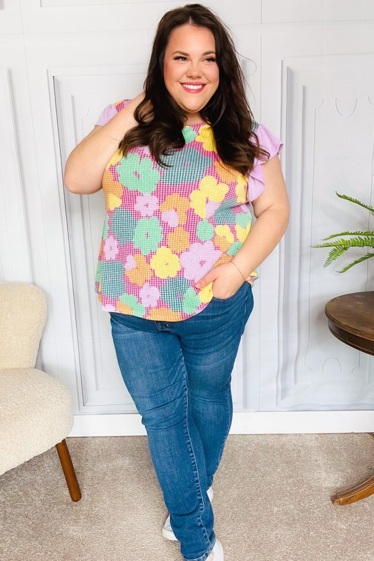 Feeling Playful Fuchsia Floral Textured Ruffle Sleeve Top