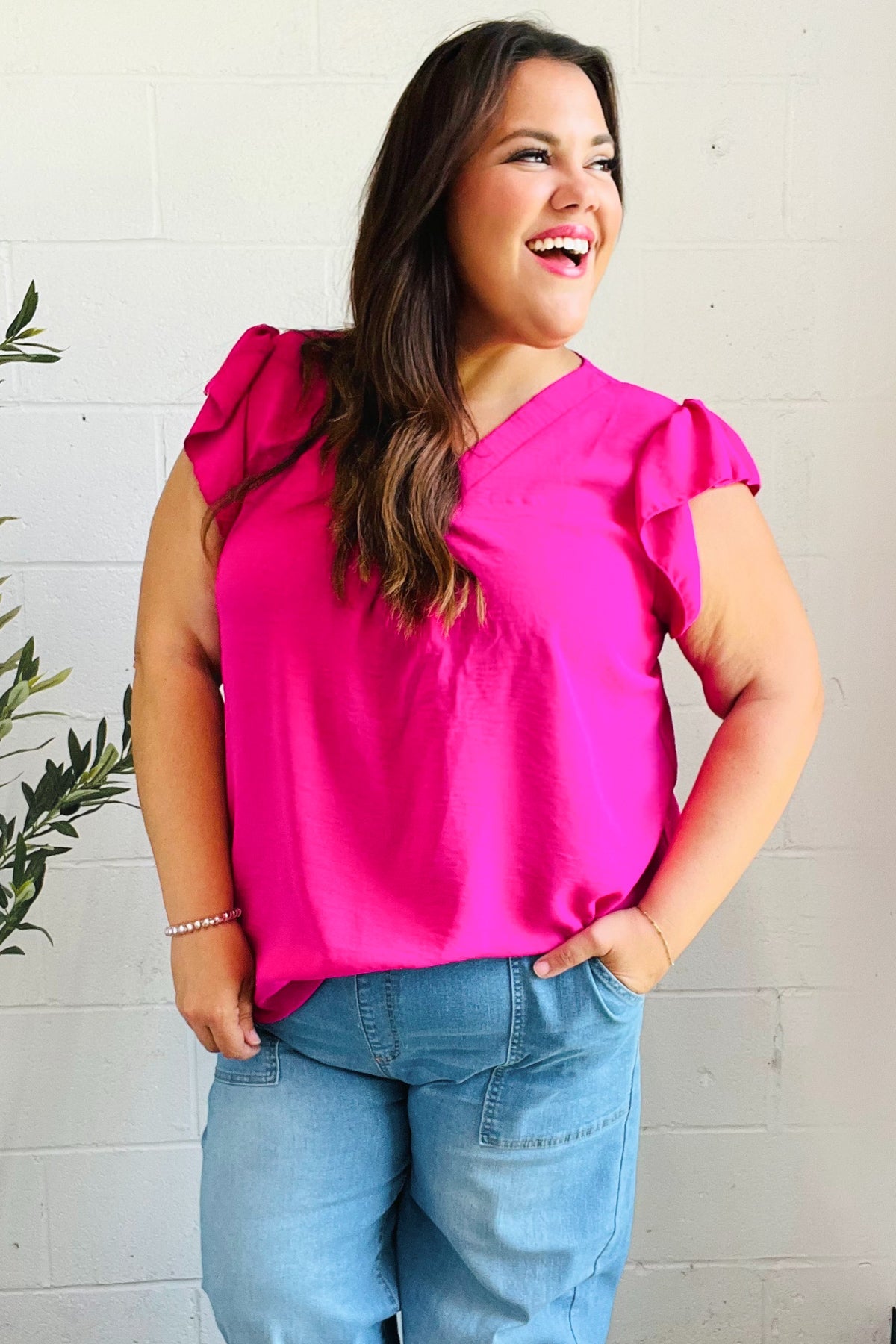 Summer Days Fuchsia Banded V Neck Flutter Sleeve Top