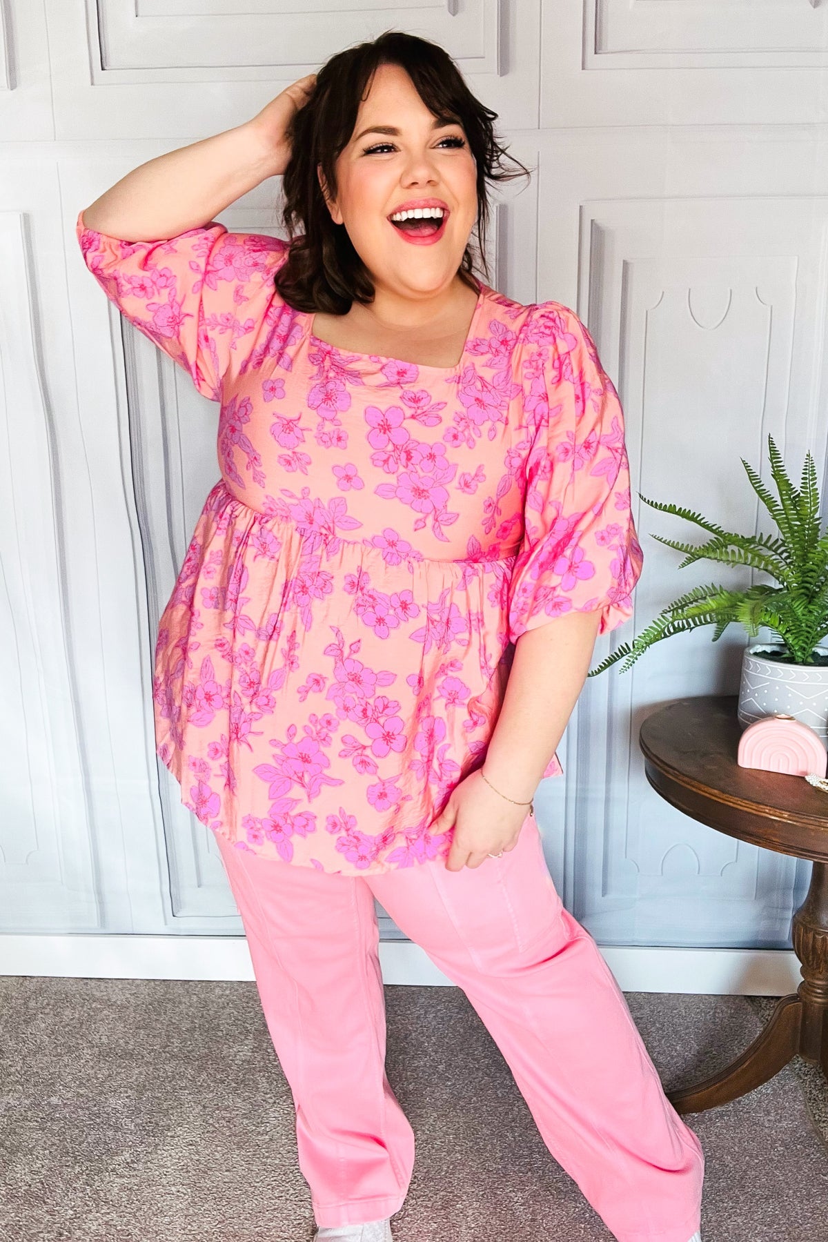 Making Moves Peach & Pink Floral Peplum Woven Top