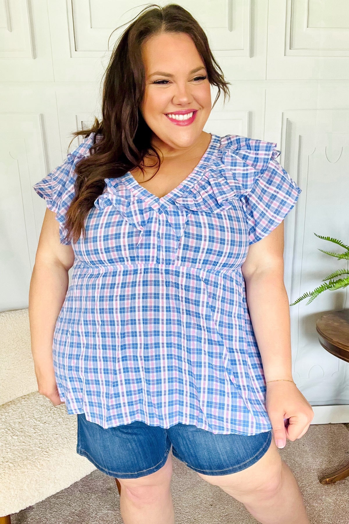 Hello Beautiful Blue Plaid V Neck Ruffle Elastic Babydoll Top