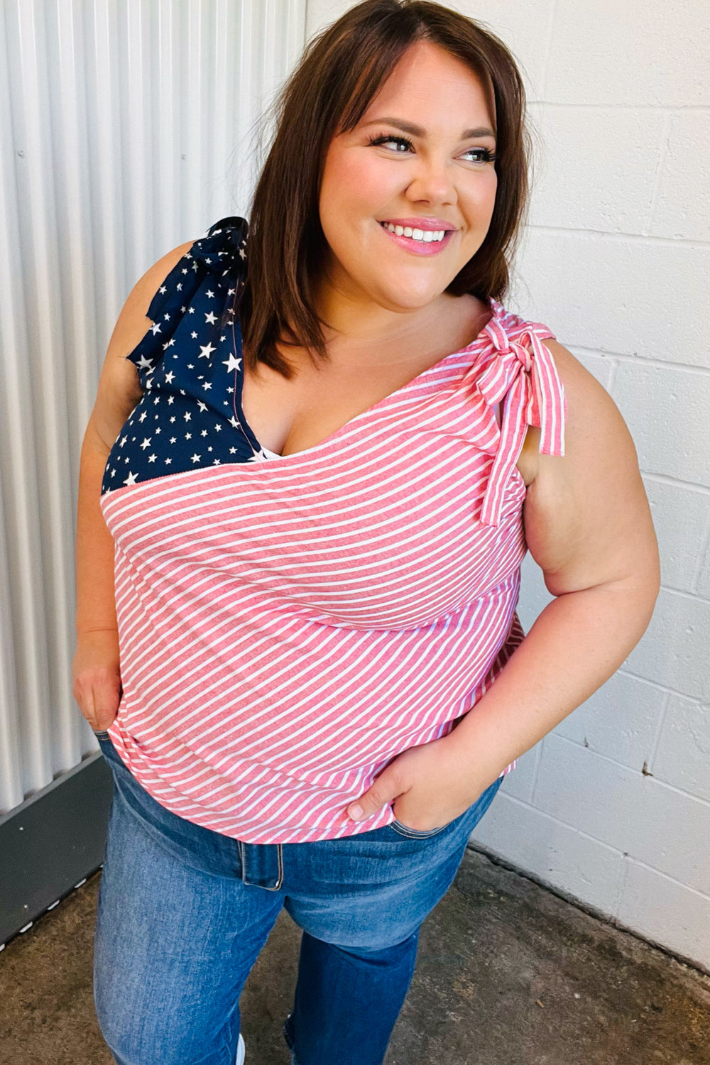 Stars & Stripes V Neck Shoulder Tie Detail Top